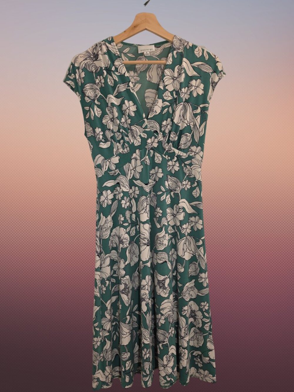 Donna Morgan Green Floral Cap Sleep Crossover Midi Dress